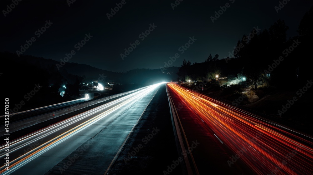 Poster dynamic highway at night with light trails illuminating the road creating a sense of speed and movem