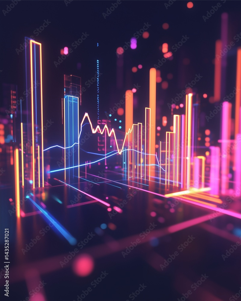 Poster neon cityscape data visualization: abstract neon cityscape with vibrant data visualization charts an