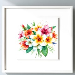 Abstract hyper realistic watercolor painting of a small, detailed tropical flower bouquet inside a frame, isolated on white background art illustration design