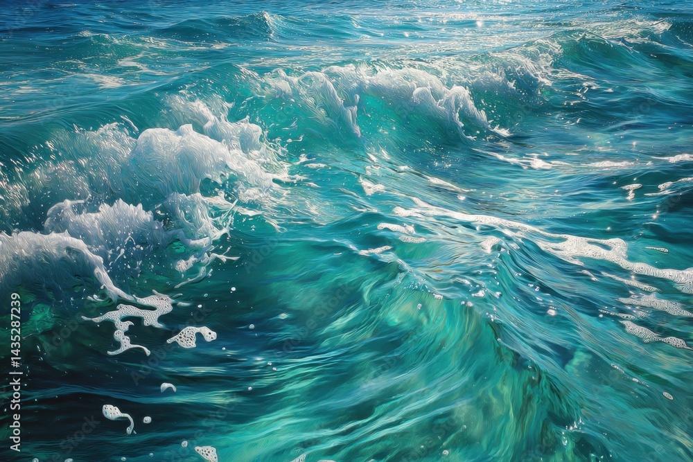 Poster captivating turquoise ocean wave cresting with foamy spray illuminated by sunlight creating a dynami