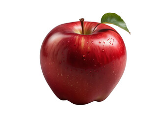 Fresh Red Apple with Water Droplets and Green Leaf Isolated