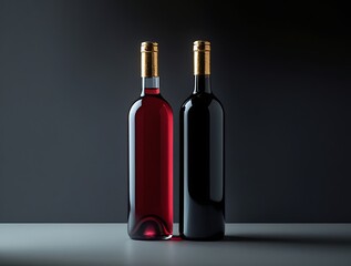 Elegant presentation of two wine bottles with golden caps on a reflective black surface and dark gradient background, perfect for luxury, celebration, and beverage concepts
