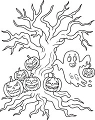 Fototapeta premium Adult coloring page Haunted tree with spooky pumpkins and ghost vector illustration, halloween haunted tree design, spooky decorations with pumpkins, ghost holding jack-o-lantern