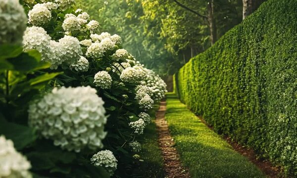 White hydrangeas line garden path, green hedge background; serene nature scene, ideal for relaxation themes