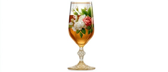 Elegant Champagne Flute Adorned with Delicate Floral Bouquet Against White Backdrop Capturing Romance Sophistication and Celebration with Golden Hues and Artistic Flair