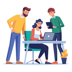 man sitting at his desk working on laptop, with woman standing near him holding phone, designed in flat style vector 
