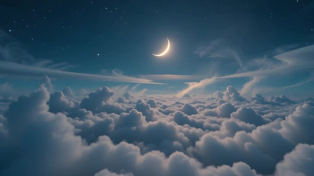 Beautiful flying moon in the night sky. Flying over the infinite clouds with the moon shining seamlessly. Looped 3d animation with moonlight 4k ultra hd 3840x2160