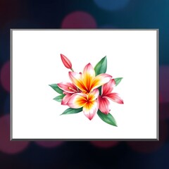 Abstract hyper realistic watercolor painting of a small, detailed tropical flower bouquet inside a frame, isolated on white background art illustration design