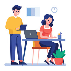 man sitting at his desk working on laptop, with woman standing near him holding phone, designed in flat style vector 
