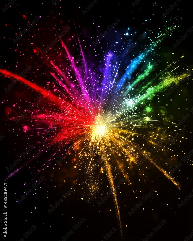 Poster explosive burst of celestial hues: a vibrant display of colored light emanates from a central point 