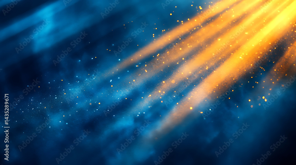 Poster Abstract background of golden light rays shining on dark blue space with sparkles and glowing particles