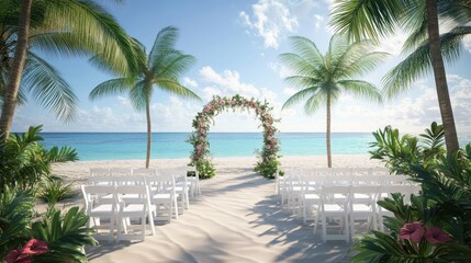 Tropical beach wedding venue featuring a floral arch and white chairs arranged under palm trees with a view of the azure ocean