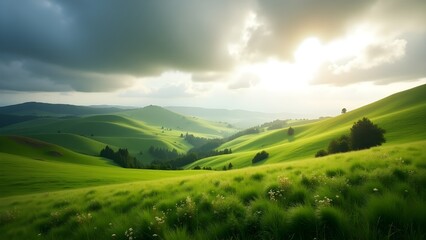 Obraz premium Rolling Green Hills Landscape with Sunlight and Cloudy Sky