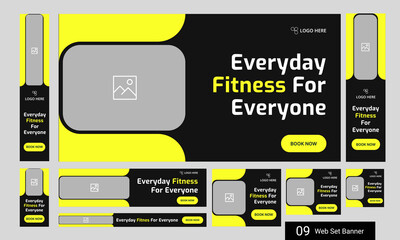 Trendy body fitness services web bundle banner design for social media post, daily exercise methods web set banner design, fully customizable vector eps 10 file format