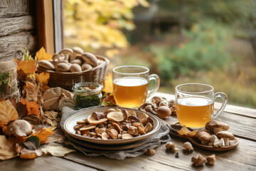 cozy autumn table setting featuring traditional dishes made from wild mushrooms showcasing rich colors and textures.