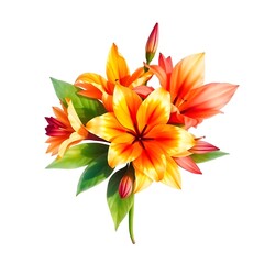 Abstract hyper realistic watercolor painting of a small, detailed tropical flower bouquet inside a frame, isolated on white background art illustration design