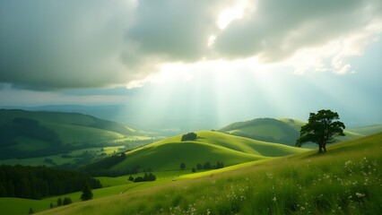Fototapeta premium Sun Rays Shining Over Green Rolling Hills Landscape