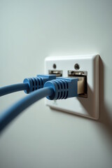 Close-up photo of blue ethernet cables connected to wall socket for technology, network, internet speed, and infrastructure themes