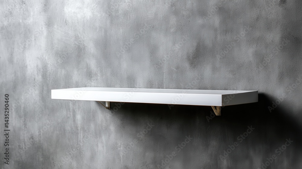 Poster minimalist floating white shelf on textured gray wall background creating a clean and modern interio