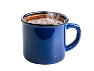 Blue mug of steaming hot coffee