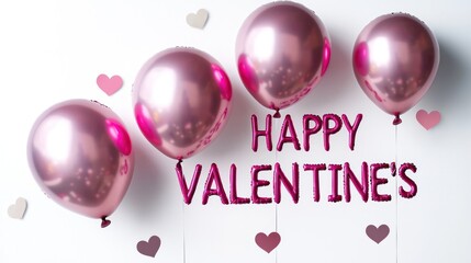 Metallic pink "HAPPY VALENTINEâ€™S" balloons on a clean white background with subtle floating hearts.