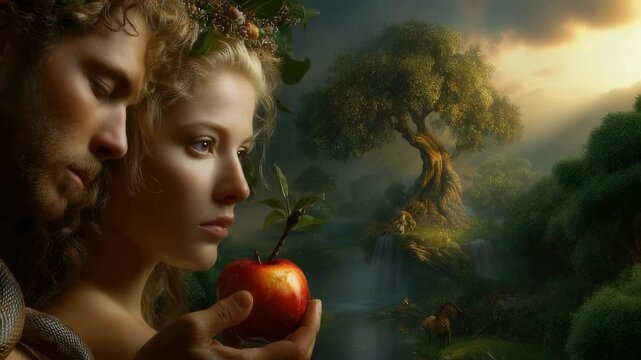 Sacred moment: Adam wander, Eve taste, snake speak, fruit shine, Eden close, guilt bloom, command test, spirit cry, myth birth, fall echo, judgment pass, belief hold