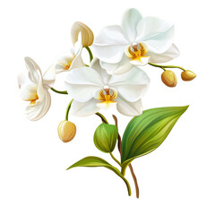 Naklejka premium Beautiful white orchid branch with buds and green leaves in a serene setting, White orchid branch with flowers, buds and leaves