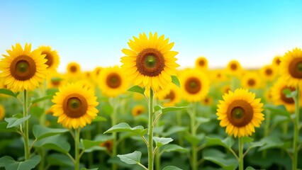 Fototapeta premium Blooming Sunflower Field Under Blue Sky on Sunny Day