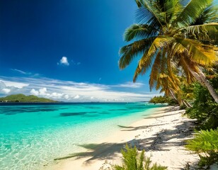 A peaceful beach with palm trees and turquoise water, photorealistic