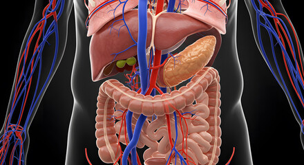 Detailed 3D Anatomy Visualization of the Human Digestive and Circulatory System, Upper Abdominal Organs, Intestines, Liver, Pancreas, and Blood Vessels