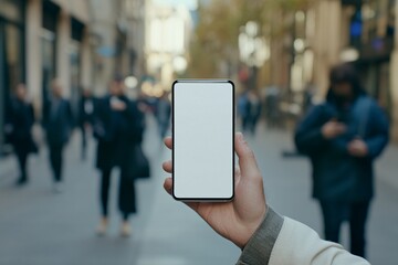 Hand holding smartphone with blank screen in blurry urban street environment view