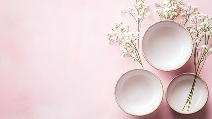 Pink background with white bowls, and flowers.