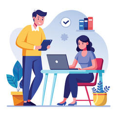 man sitting at his desk working on laptop, with woman standing near him holding phone, designed in flat style vector 
