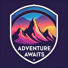 Adventure Awaits Badge: A vibrant badge design featuring a majestic mountain range at sunset, encompassed within a shield shape, proclaiming "Adventure Awaits."