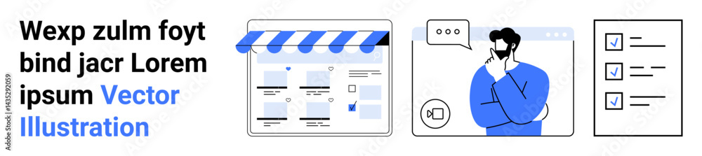 Aufkleber online storefront webpage, man contemplating with speech bubble and checklist boxes. ideal for onlin