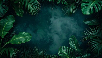 A lush tropical leaf background with deep green foliage layered over a dark misty backdrop.