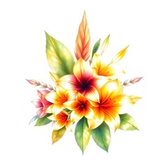 Abstract hyper realistic watercolor painting of a small, detailed tropical flower bouquet inside a frame, isolated on white background art illustration design