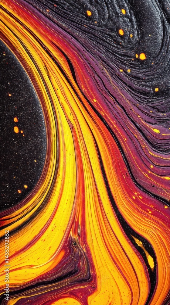 Poster abstract cosmic flow of vibrant liquid colors in orange yellow and purple with dark background creat