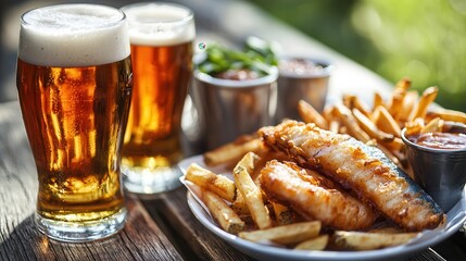 Crispy fish chips beer pub fare Crispy fish and chips served with beer and sides on a wooden table.