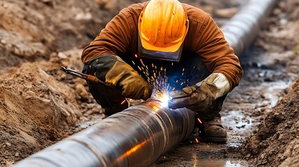 Welder Working on Pipeline Construction