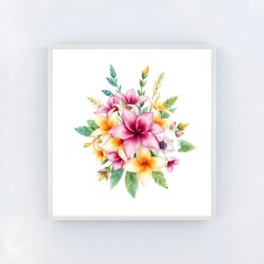Abstract hyper realistic watercolor painting of a small, detailed tropical flower bouquet inside a frame, isolated on white background art illustration design