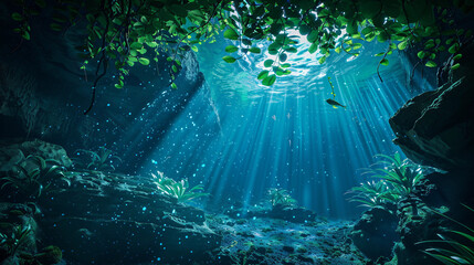 The Beauty of an Underwater Cave Filled with Glowing Flora