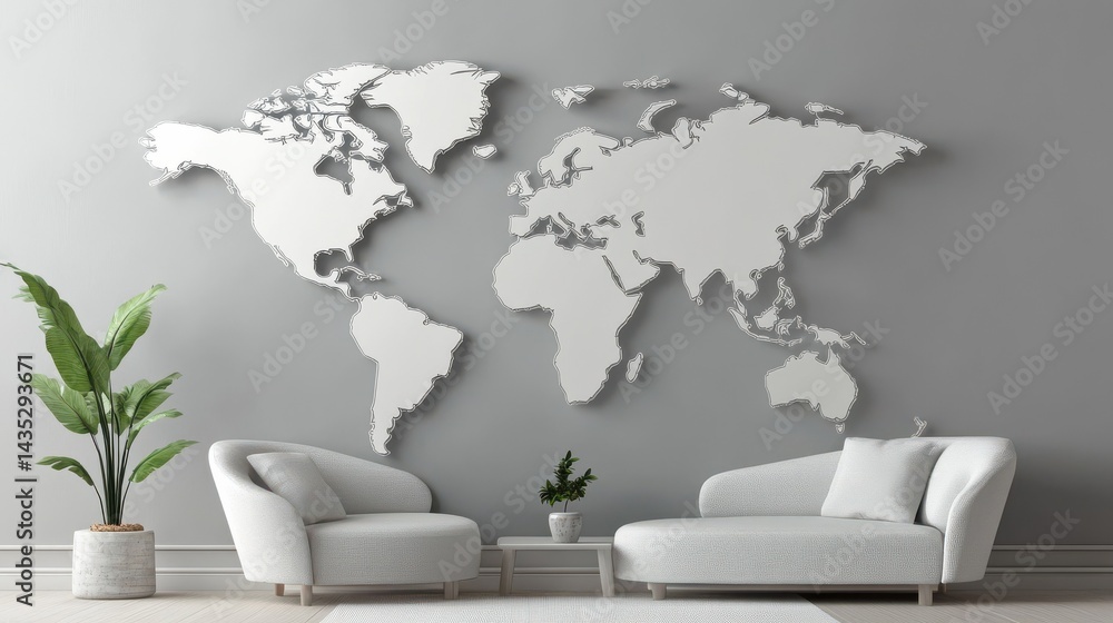 Poster 3d world map simple design minimalistic in grey wall background