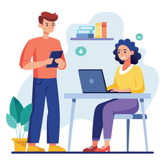 man sitting at his desk working on laptop, with woman standing near him holding phone, designed in flat style vector 
