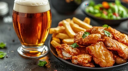 Crispy fish chips beer pub fare Delicious food and beer pairing with wings, fries, and salad.
