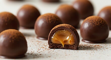 Gourmet chocolate truffles with soft caramel filling, dusted with cocoa powder