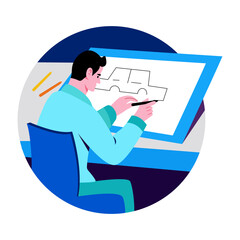 Flat style illustration showing a character doing car sketching