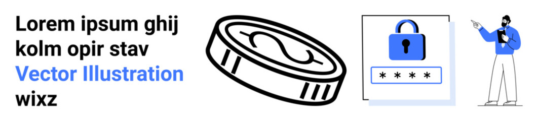 Coin with dollar sign, password lock symbol, and presenter pointing at screen. Ideal for finance, security, online banking, technology, business strategy, education simple landing page