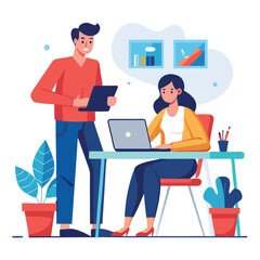 man sitting at his desk working on laptop, with woman standing near him holding phone, designed in flat style vector 
