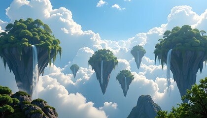 The surreal landscape features a sky filled with floating islands, each one topped with lush green forests and cascading waterfalls that seem to defy gravity.